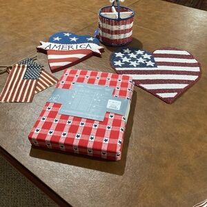 July 4th Patriotic Tablecloth, utensil holder, placemat, heart display, flags.
